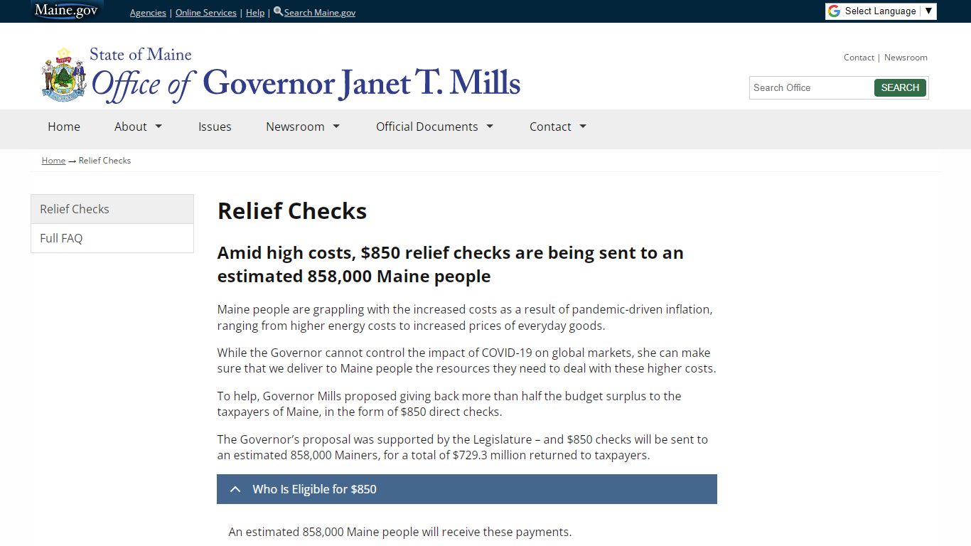 Relief Checks | Office of Governor Janet T. Mills - Maine