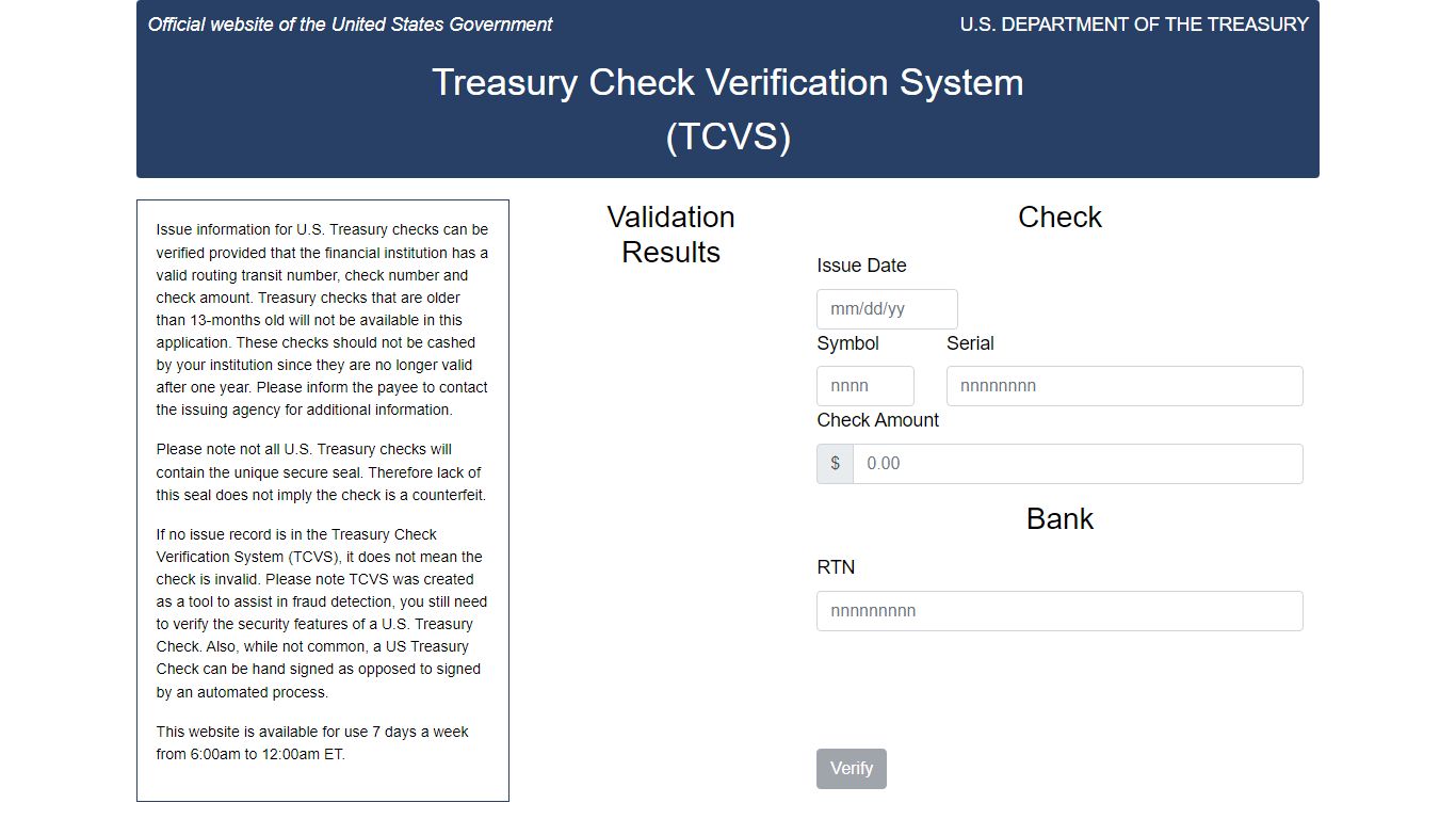 Treasury Check Verification System - TCVS